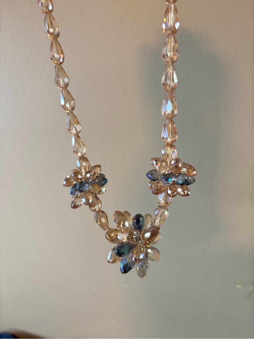 Champagne and Smokey Blue Italian Crystal Clusters Flower Necklace